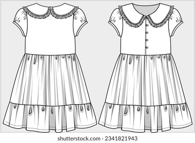 PETER PAN COLLAR DETAIL PUFF SLEEVES TIERED FASHION DRESS DESIGN FOR TEEN GIRLS AND KID GIRLS IN EDITABLE FILE