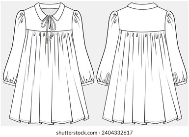 PETER PAN COLLAR DRESS WITH TIE UP DETAIL DESIGNED FOR TEEN AND KID GIRLS IN VECTOR ILLUSTRATION FILE