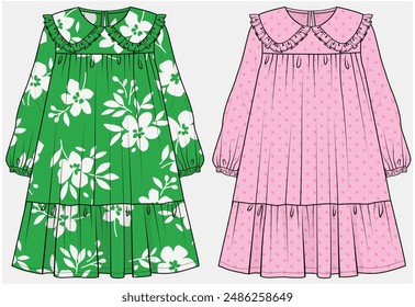 PETER PAN COLLAR DRESS WITH TIE UP DETAIL DESIGNED FOR TEEN AND KID GIRLS IN VECTOR ILLUSTRATION FILE