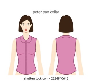 Peter Pan collar neckline plackets clothes character beautiful lady in pink top, shirt, dress technical fashion illustration with fitted body. Flat apparel template. Women, men unisex CAD mockup