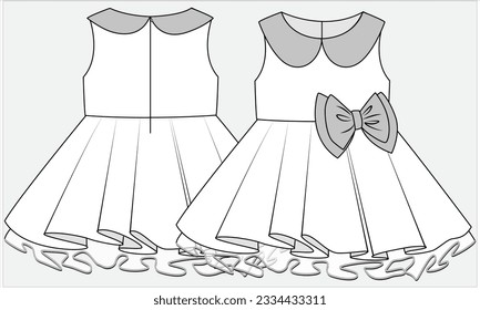 PETER PAN COLLAR SLEEVELESS A WOVEN OCCASION DRESS WITH CUTE BOW AND TULLE DETAIL DESIGNED FOR KID GIRLS AND TODDLER GIRLS IN VECTOR ILLUSTRATION