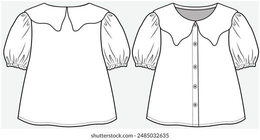 PETER PAN COLLAR WOVEN TOP WITH PUFF SLEEVES DETAIL DESIGNED FOR TODDLER GIRL AND KID GIRL IN VECTOR FILE