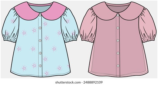 PETER PAN COLLAR WOVEN TOP WITH PUFF SLEEVES DETAIL DESIGNED FOR TODDLER GIRL AND KID GIRL IN VECTOR