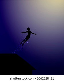 Peter Pan flies out from the roof, fairy character, man silhouette, vector