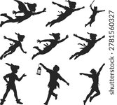 Peter Pan Flying Silhouette Elements Collection, Peter Pan Bundle, Peter Pan set vector clipart Silhouette