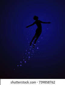 Peter Pan Silhouette Flying Up At Night With Fairy Blue Sparckle, Vector