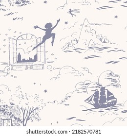 Peter Pan themed illustration with pirate ship fairy island clouds