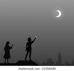 Peter Pan And Wendy On The Roof, Couple, Vector