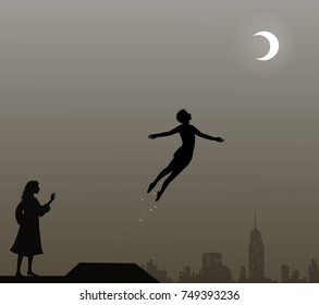 Peter Pan and Wendy on the roof, peter pan flies, couple, vector