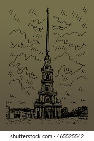 Peter and Paul Cathedral located inside the Peter and Paul Fortress in Saint Petersburg, Russia. Sketch by hand. Vector illustration.