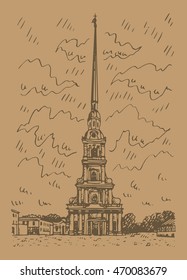 Peter and Paul Cathedral located inside the Peter and Paul Fortress in Saint Petersburg, Russia. Sketch by hand. Vector illustration.