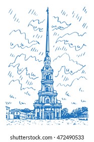 Peter and Paul Cathedral located inside the Peter and Paul Fortress in Saint Petersburg, Russia. Sketch by hand. Vector illustration.