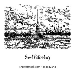 Peter and Paul Fortress across the Neva river, St. Petersburg, Russia. Sketch by hand. Vector illustration. 