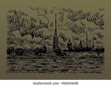 Peter and Paul Fortress across the Neva river, St. Petersburg, Russia. Sketch by hand. Vector illustration. 