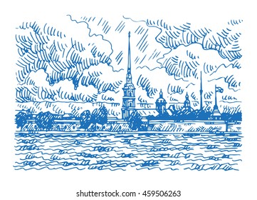 Peter and Paul Fortress across the Neva river, St. Petersburg, Russia. Sketch by hand. Vector illustration. 