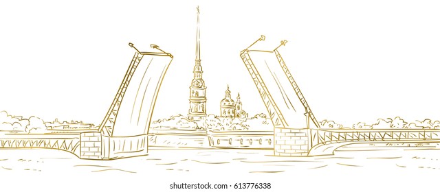 Peter and Paul Fortress. Drawbridge, symbol of Saint Petersburg, Russia. Hand drawn vector illustration. Gold outline. Isolated background