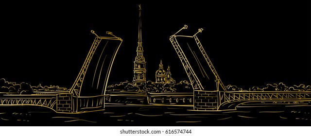 Peter and Paul Fortress. Drawbridge, symbol of Saint Petersburg, Russia. Hand drawn vector illustration. Gold outline. 