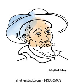Peter Paul Rubens vector hand drawn watercolor portrait with ink contours. Flemish artist. He is considered the most influential artist of Flemish Baroque tradition.