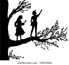 Peter and Wendy silhouette, boy and gil on the big tree,  tree of childhood, childhood memory, in the dreamland, vector. 