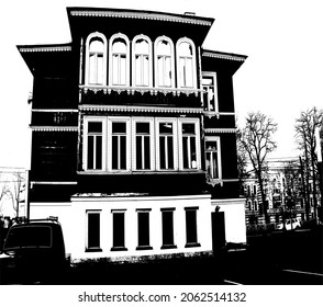 Peterhof. Black and white version of the decoration of an old building of the 19th century with protective ornaments of windows and walls
