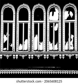 Peterhof. A preserved building from the 19th century. Ornament in the design of windows in the form of crosses, brushes, spearheads. Below is an ornament of stylized boats.
