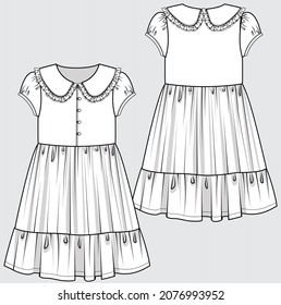 PETERPAN COLLAR PUFF SLEEVES TIERED DRESS FOR TEEN AND KID GIRLS IN EDITABLE VECTOR FILE