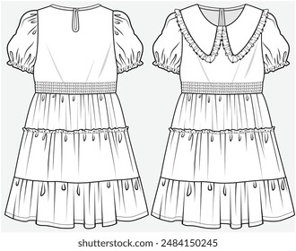 PETERPAN COLLAR PUFF SLEEVES TIERED DRESS DESIGNED FOR TEEN GIRLS AND KID GIRLS IN VECTOR FILE