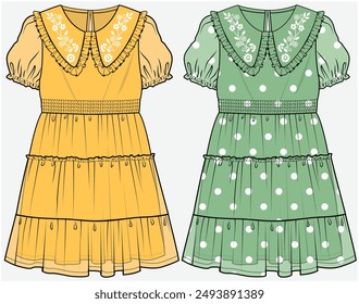 PETERPAN COLLAR PUFF SLEEVES TIERED DRESS DESIGNED FOR TEEN GIRLS AND KID GIRLS IN VECTOR FILE