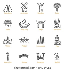 Petersburg, Amsterdam, Bangkok, Dubai, Seoul, Hong Kong, Tokio, Barcelona, Vienna, Prague, Los Angeles, Pisa, Mexico City, Sydney, Budapest, Madrid outline icon, logo, landmark, vector symbol.