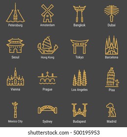 Petersburg, Amsterdam, Bangkok, Dubai, Seoul, Hong Kong, Tokio, Barcelona, Vienna, Prague, Los Angeles, Pisa, Mexico City, Sydney, Budapest, Madrid outline icon, logo, landmark, vector symbol.