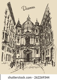 Peterskirche in Vienna (Austria), hand drawn vector illustration, sketch, engraved style