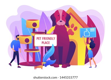 Pet-friendly, animal friendly hotel, restaurant, bar amenities Pet friendly place, we love pets, best place to stay with pets concept. Bright vibrant violet vector isolated illustration