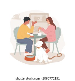 Pet-friendly cafe isolated cartoon vector illustration. Pet-friendly environment, family sitting at the table drinking coffee, dog with a bowl of water, urban cafe, leisure time cartoon vector.