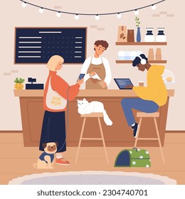 Pet-friendly coffee shop with cute dogs and cats. Pets and their owners eat together, sitting at tables and bar. People drink coffee with pets in a cafe, restaurant. 