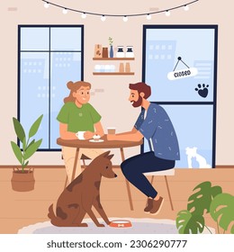 Pet-friendly coffee shop with cute dogs and cats. Pets and their owners eat together, sitting at tables, drinking coffee. Couple with pet in a cafe, restaurant. Romantic date