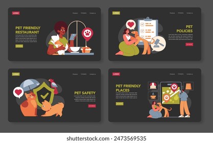 Pet-friendly Concept Set. Illustrations showcasing inclusive spaces for pets and their owners. Animals welcomed in restaurants and accommodation. Vector illustration.
