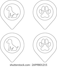 Vector de contorno de impresión de pin, perro y pata de mapa de ubicación amigable con mascotas