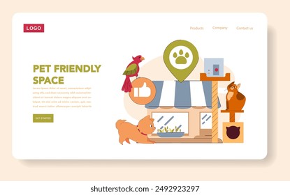 Pet-Friendly Space concept. Animals coexisting in a harmonious indoor environment with accessories. Comfortable living for pets, interactive play areas. Vector illustration.