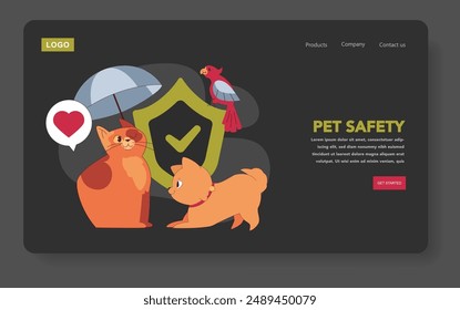 Pet-friendly space concept. Safety shield surrounds pets ensuring a secure environment. Animals express contentment under protection. Vector illustration.