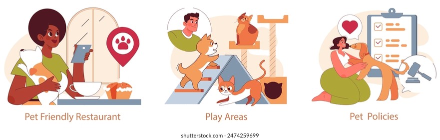 Pet-friendly Spaces set. Welcoming pets at restaurants, designated play areas, and clear pet policies. Illustrating harmonious human-animal relationships. Vector illustration.