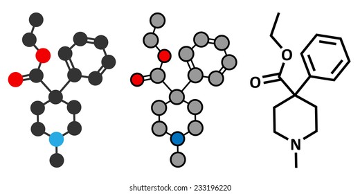 Pethidine opioid analgesic drug molecule. Conventional skeletal formula and stylized representations. 