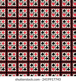 Petit fours frosted with red and black playing card hearts, clubs, diamonds, and spades arranged in black and red candy boxes creating a vector repeat seamless pattern design.