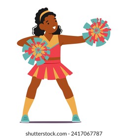 Petite, Adorable Black Cheerleader With Sparkling Eyes And A Vibrant Smile, Donned In A Colorful Uniform, Energetically Waving Pompoms, Spreading Joy And Cheer With Her Infectious Enthusiasm, Vector