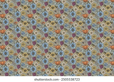 zierliche, charmante Blumen mit einem glatten Design. Schöne Sträuße. Millefleurs à la liberty. Hintergründe mit Blumen zur Verwendung in Textilien, Decoupage, Scrapbooking, Musterfüllungen, Abdeckungen und Oberflächen