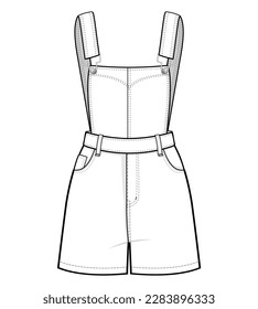 Petite Denim Short Dungarees overall jumpsuit fashion flat technical drawing template. Short jumpsuit jeans technical fashion Illustration, front and back view, white, CAD mockup.