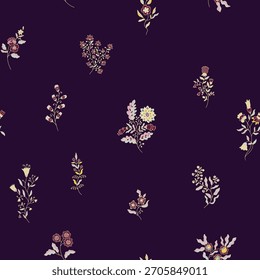 Petite florals arranged in a scattered layout on a deep midnight background created as a seamless vector illustration for textiles wallpaper and elegant decor.