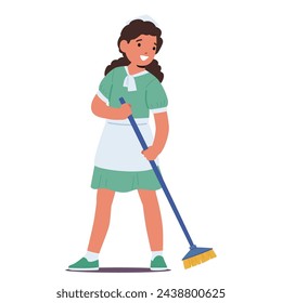 Petite Girl Character In A Maid Dress Delicately Sweeps, Embodying The Essence Of A Future In Domestic Service, Embracing Grace And Meticulous Attention To Detail. Cartoon People Vector Illustration