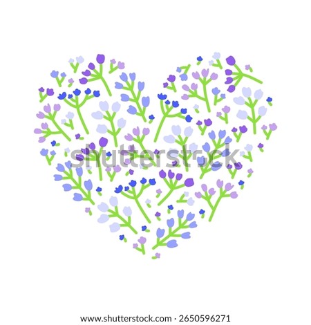 Petite meadow flowers in soft colors composed in heart shape isolated on white background. Floral summer field elements.