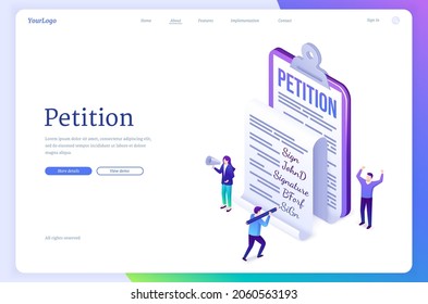 Petition Banner. Concept Of Document With Claim Or Appeal, Agitation For Sign Request. Vector Landing Page With Isometric Illustration Of People And Petition With Signature On Clipboard