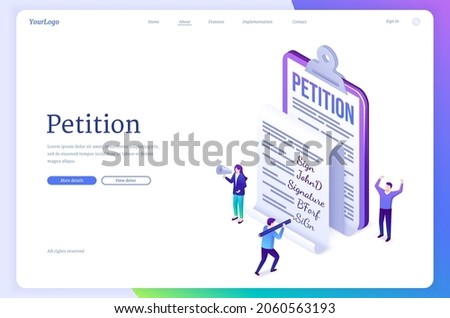 Petition banner. Concept of document with claim or appeal, agitation for sign request. Vector landing page with isometric illustration of people and petition with signature on clipboard